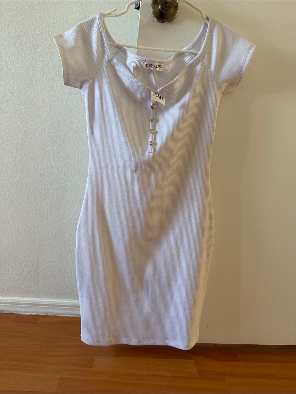 Ribbed Cap-Sleeve Button Front White Dress